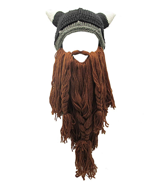 MERRYJULY Men's Head Barbarian Vagabond Beanie Original Foldaway Beard Hats Halloween Viking Horns Bearded Caps (Viking Horns&Brown Beard)