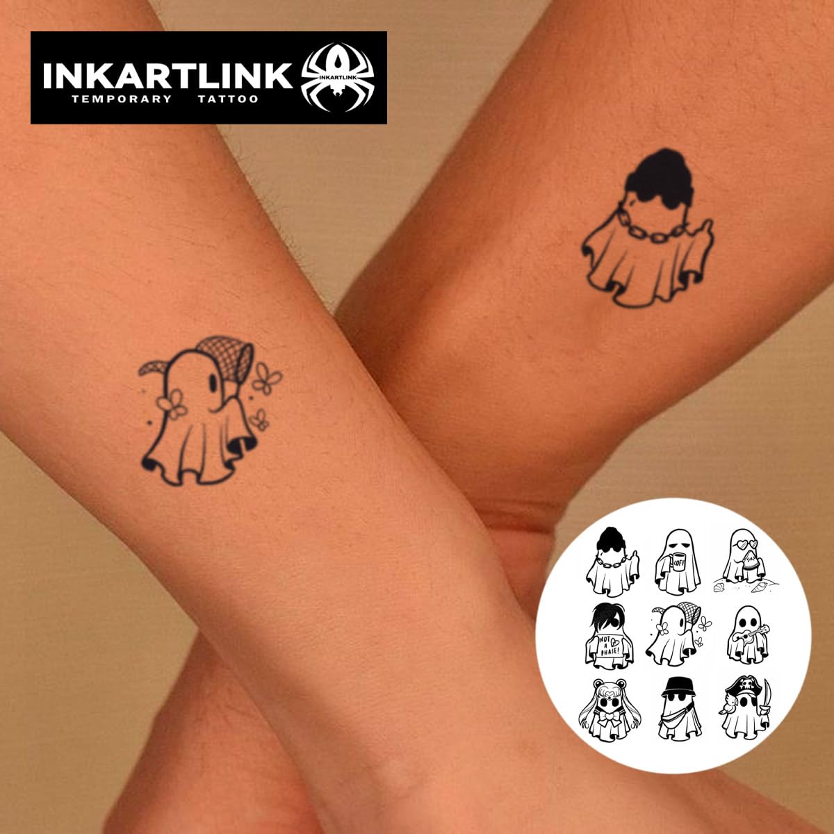 INKARTLINK Tattoo Tech, 2 Sheets Extra-Large Semi Permanent Tattoo, Adult Art Design Temporary Tattoos, Lasts 1-2 Weeks, Waterproof, Realistic Look, No Adhesive, No Reflection (Little Ghost Designs)