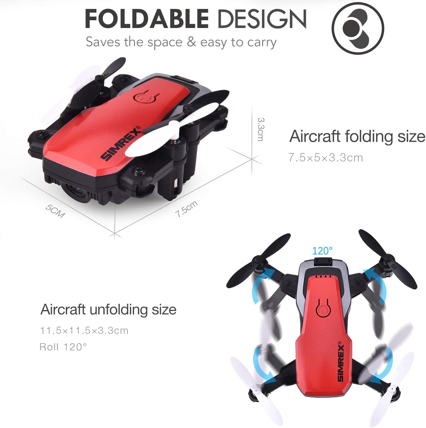 SIMREX X300C Mini Drone with Camera 720P HD FPV, RC Quadcopter Foldable, Altitude Hold, 3D Flip, Headless Mode, Gravity Control and 2 Batteries, Gifts for Kids, Adults, Beginner, Red