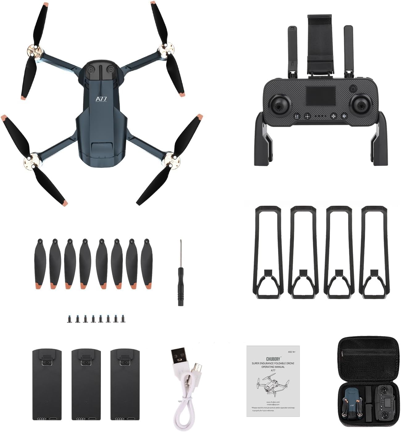 Super Enduring Brushless Motor Drone with 84 Mins Super Long Flight Time, Drone with 2K HD Camera for Beginners, CHUBORY A77 WiFi FPV Quadcopter, Follow Me, Auto Hover, 3 Batteries, Carrying Case