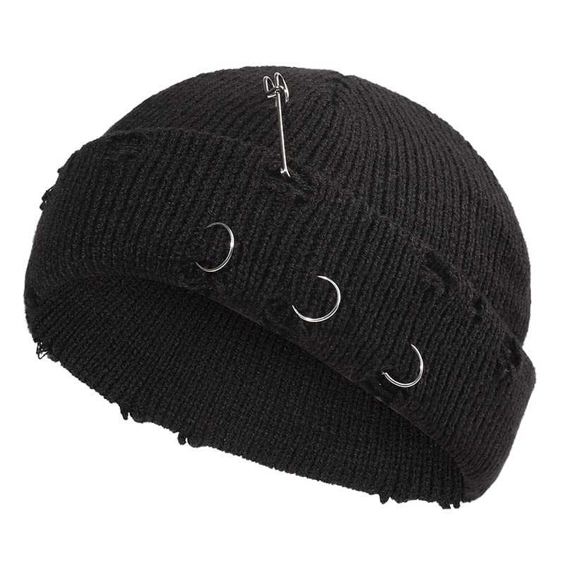 Gothic Beanie Winter Knit Hats Trendy Metal Rings Pin Hip Hop Streetwear Harajuku Y2k Skull Cap Emo Scene Grunge Accessories (Black,One Size)
