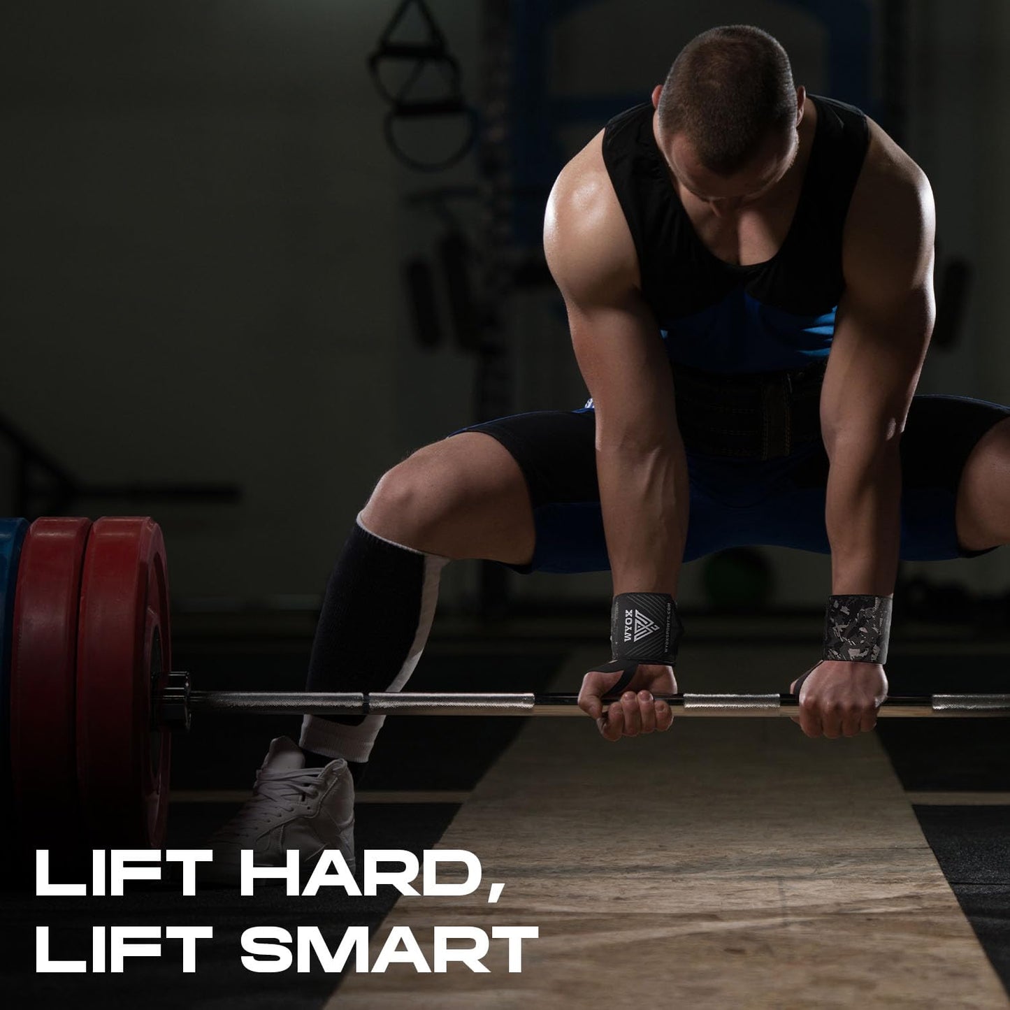 WYOX Unisex Wrist Wraps for Weightlifting | Wrist Wraps for Men and Women | 18'' Extended Length Strong Wrist Strap | Weight Lifting Wrist Wraps with Thumb Loop for Muscle Stability (Camo Grey)