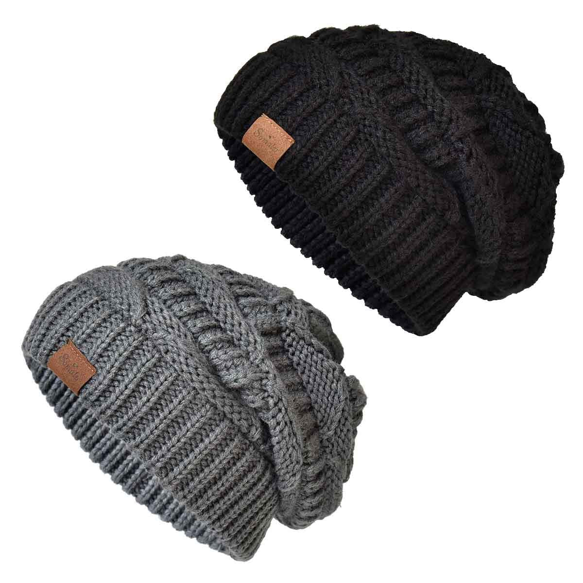 SOMALER Knit Beanie Hat for Women Oversize Chunky Winter Slouchy Beanie Hats Ski Cap Black/Dark Grey