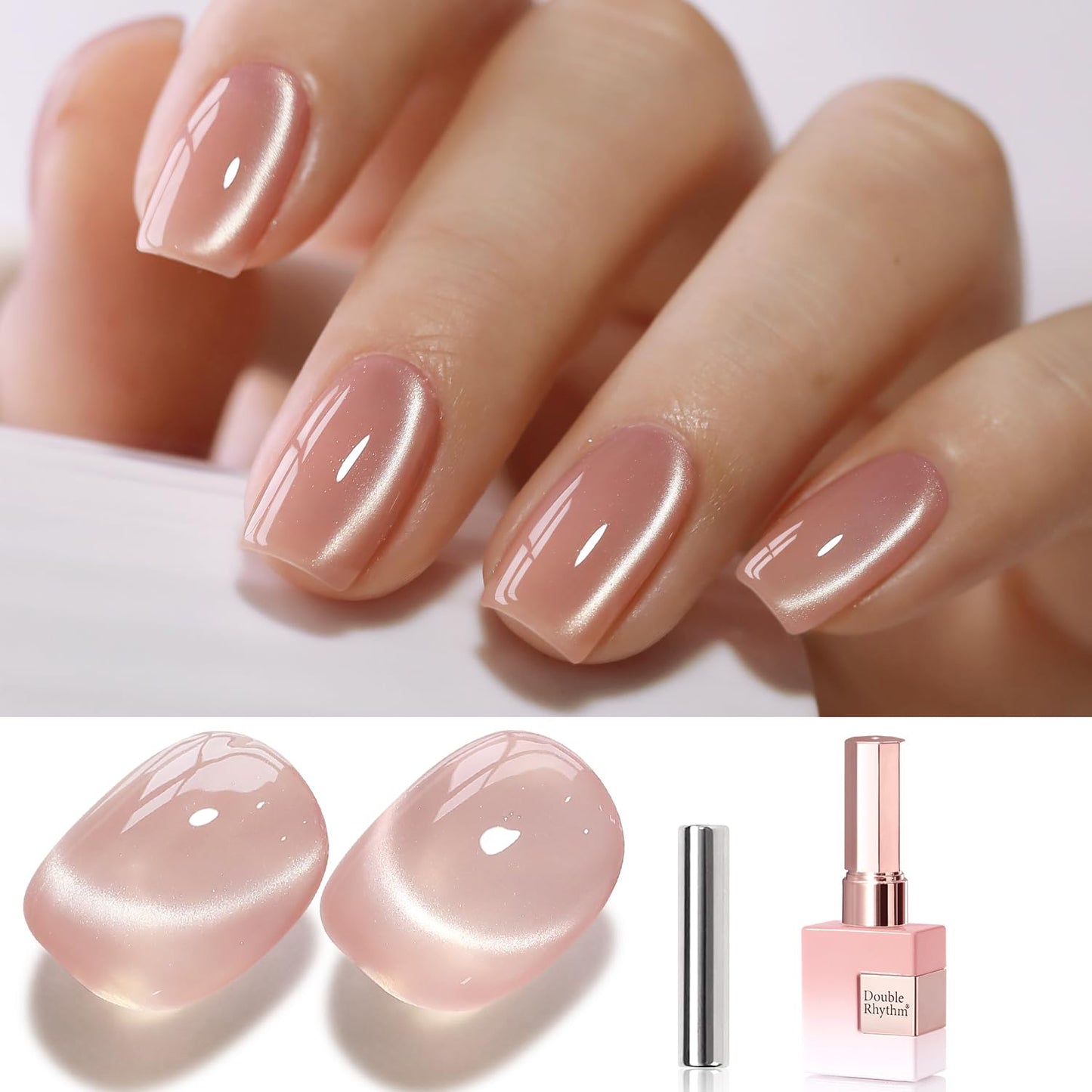Double Rhythm 15ML Glass Cat Eye Gel Polish with Magnet Same Color Same Bottle Holographic Glitter Shimmer Salon Soak Off Magnetic Nail at Home (Apricot Peach-MC1151)