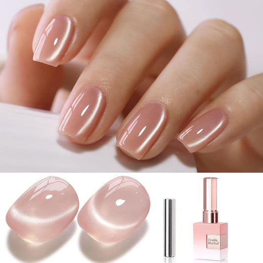 Double Rhythm 15ML Glass Cat Eye Gel Polish with Magnet Same Color Same Bottle Holographic Glitter Shimmer Salon Soak Off Magnetic Nail at Home (Apricot Peach-MC1151)