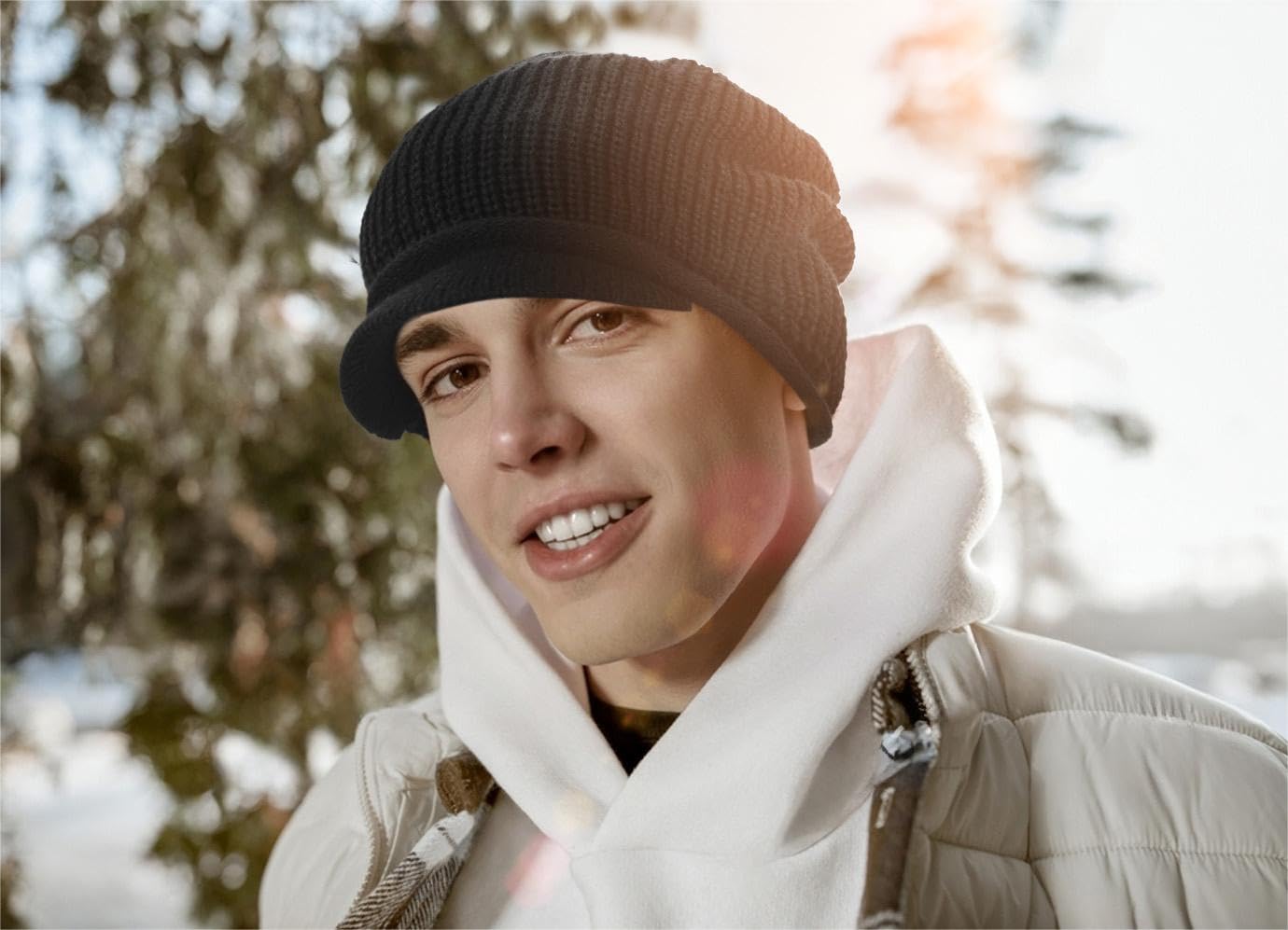 Winter Visor Beanie Men and Women Cold Weather Thick Fleece Knitted Hat with Bill(B326-Black)