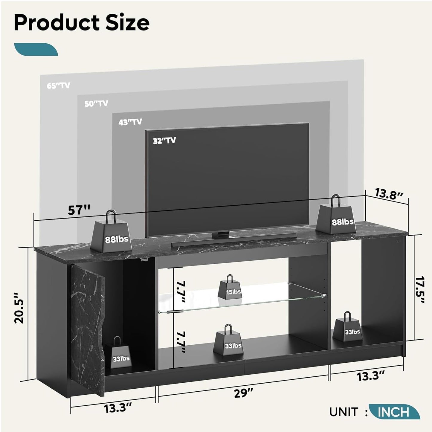 Bestier 57" Gaming LED TV Stand for 55/65 inch TV, Media TV Cabinet for PS5/Xbox Storage, Modern Entertainment Center for Living Room, Adjustable Glass Shelves, Black Marble