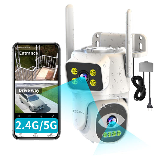 ESCANU Dual Lens Security Camera Outdoor,WiFi Camera for Home Security,Home Survaillance Outdoor,PTZ,2-Way Audio, Auto Tracking,Night Vision,24/7 Continous Record,IP65 Weather Proof