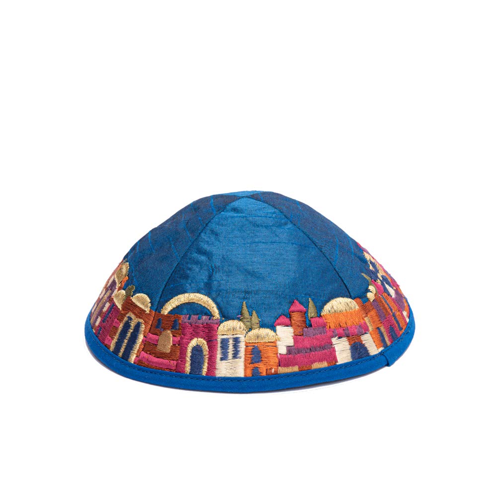 Yair Emanuel Blue Embroidered Jerusalem Design Kippah