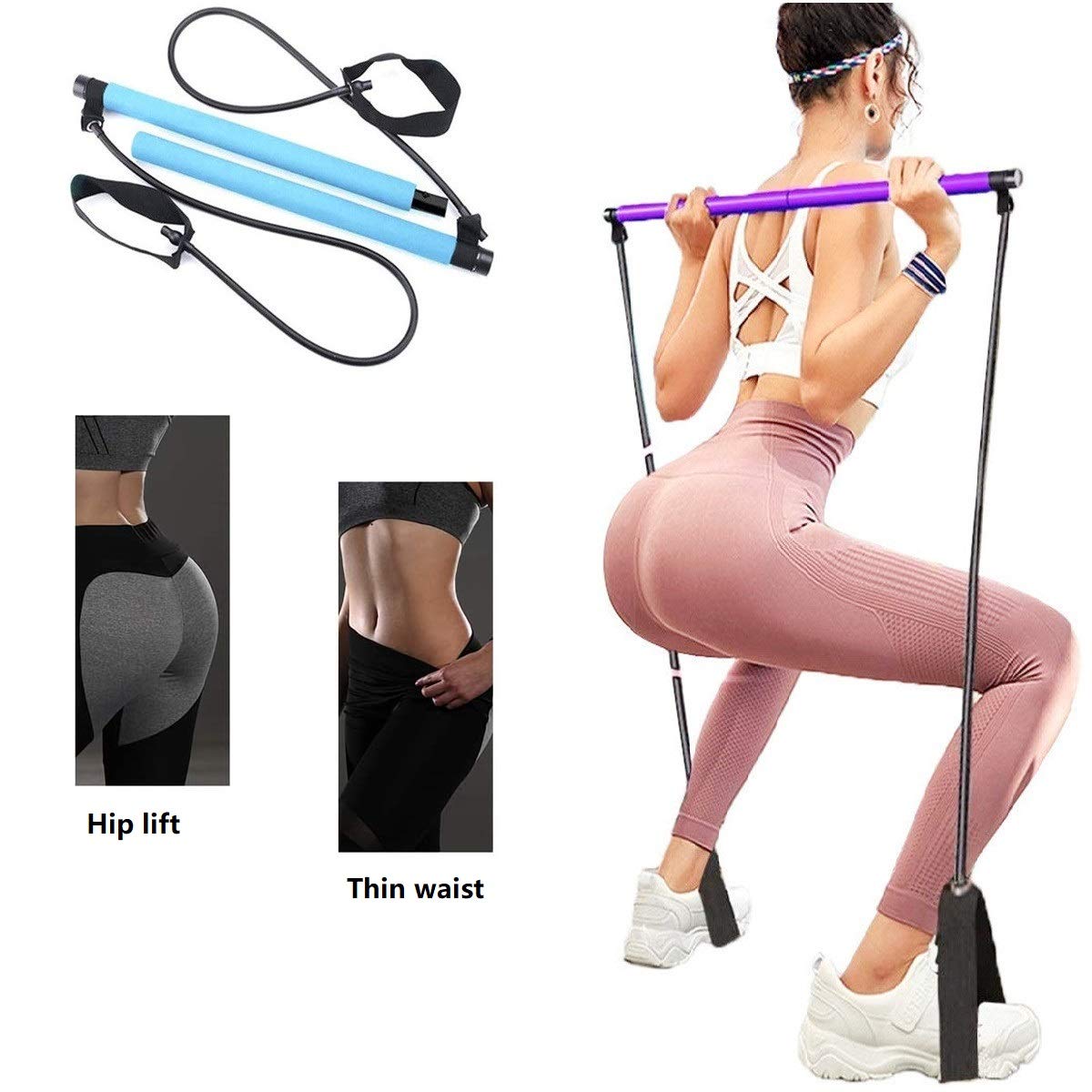 Portable Yoga Exercise Pilates Bar, Yoga Pilates Bar Reformer Kit, Pilates Bar Kit with Resistance Band,Home Gym Pilates with Foot Loop for Total Body Workout (Pink)