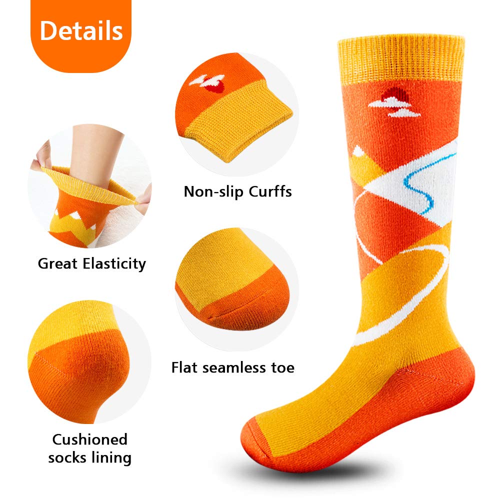 FanNicoo 2 Pack Kids Ski Socks OTC Warm Soft Non-Slip Cuff Winter Skiing Outdoor for Girls Boys(Gray+Orange), Small