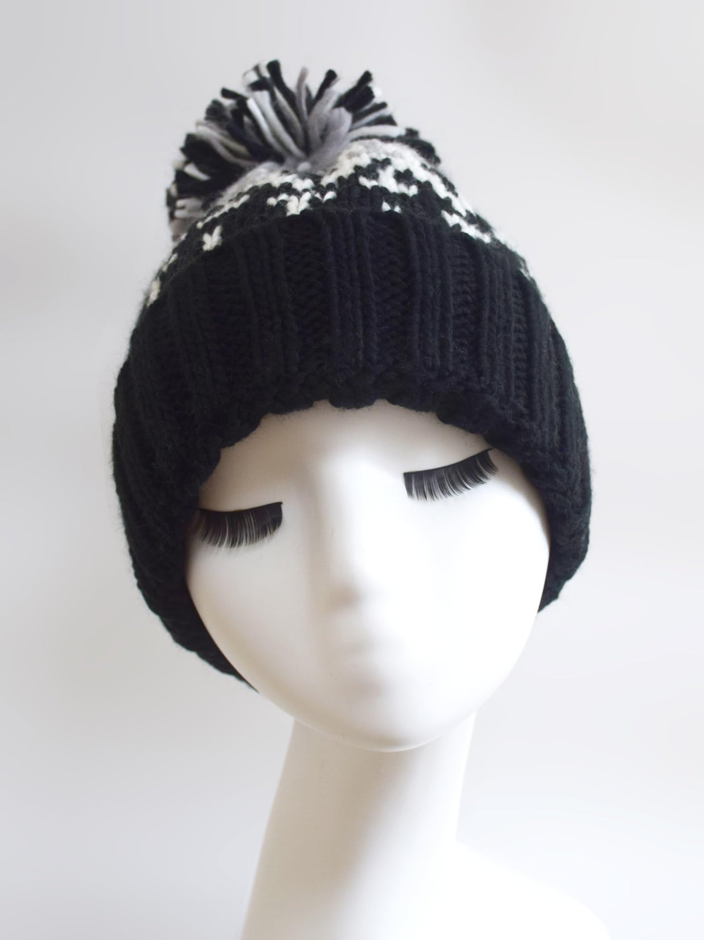 AICHUAN Winter Knit Beanie Hat with Pom Pom Vintage Woolen Warm Hat for Women Soft Stretch Ski Cap Black