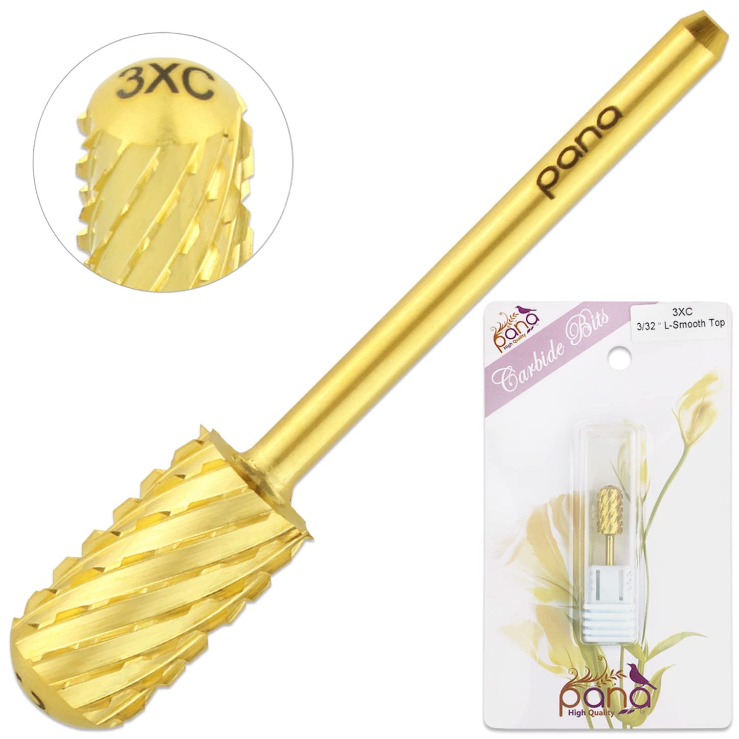 PANA 3/32" Large Smooth Round Top Safety Carbide Nail Drill Bit for Gel Polish & Acrylic Removal Nail Salon Manicure Pedicure Electric File Tools (Large Barrel - Gold, 3X Coarse)