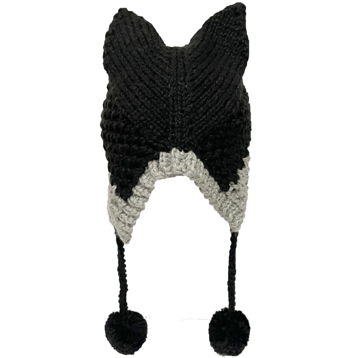 SUNONE11HKA Fox Ears Beanie Winter Warm Handmade Knitting Hats Pompom Caps Patchwork Crochet Headpiece Black
