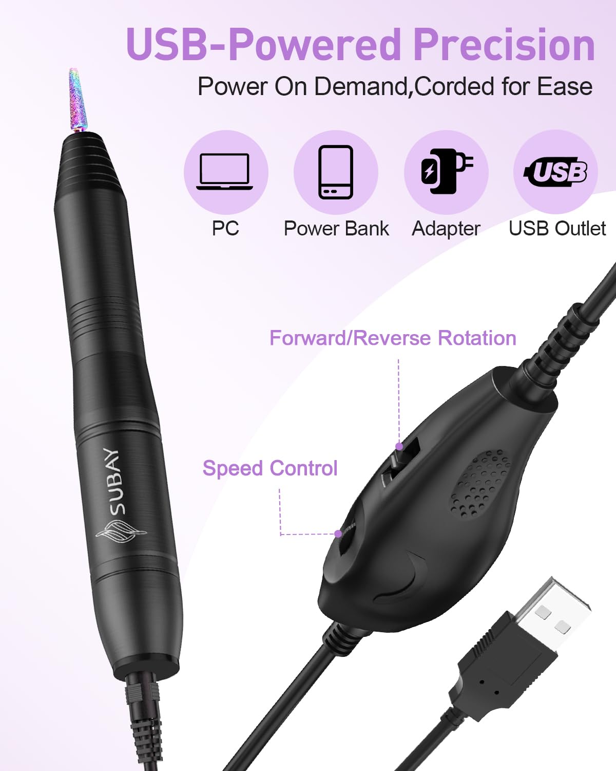 Subay Acrylic Nail Drill, Electric Nail File for Acrylic Gel Nails, Portable USB Nail Drill Machine with 6 Nail Drill Bits and 26 Sanding Bands for Nail Technicians Manicure Pedicure - Black