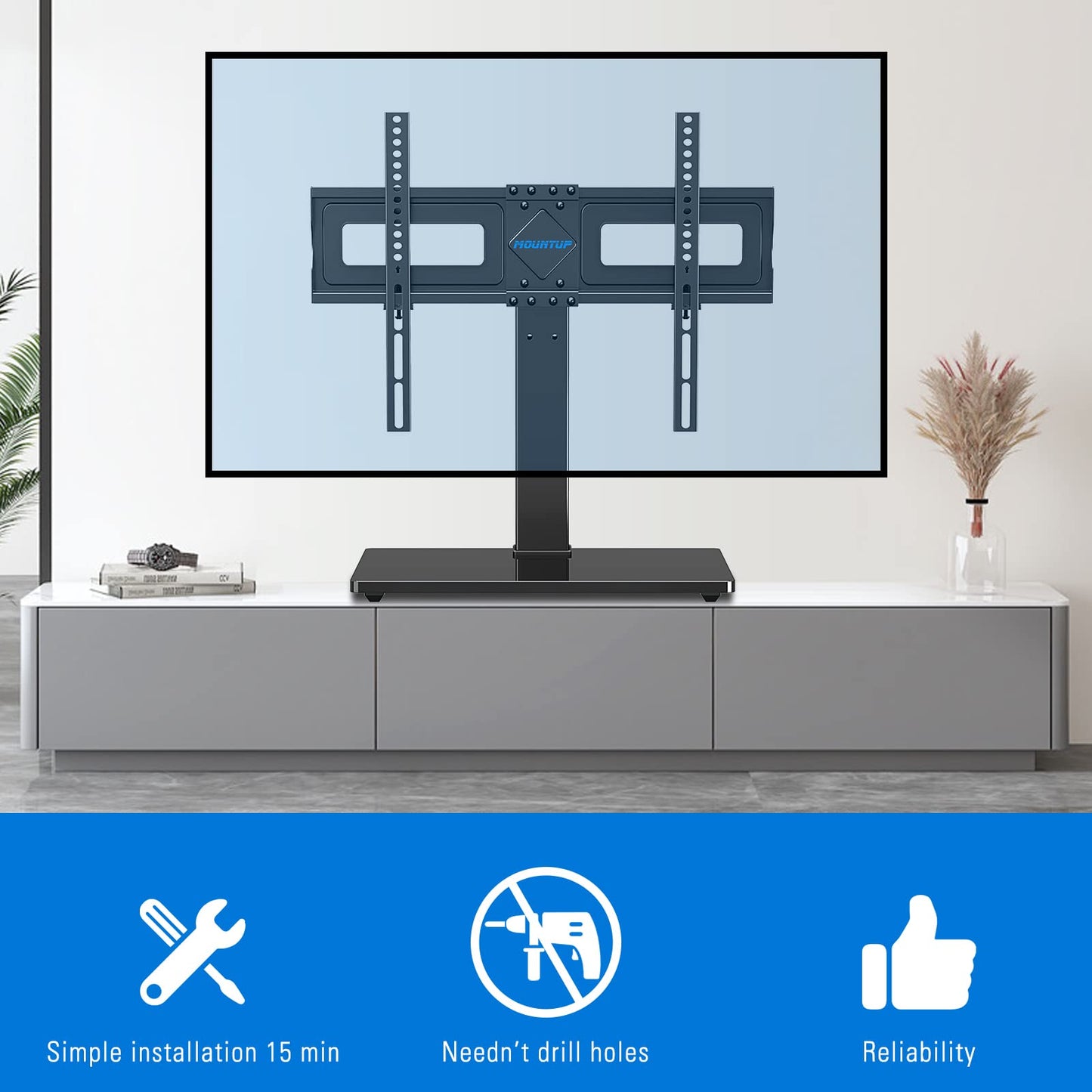MOUNTUP Universal TV Stand, Table Top TV Stands for 37 to 65, 70, 75 Inch Flat Screen TVs, Height Adjustable, Tilt, Swivel TV Mount with Tempered Glass Base Hold up to 88lbs, Max VESA 600x400mm MU0031
