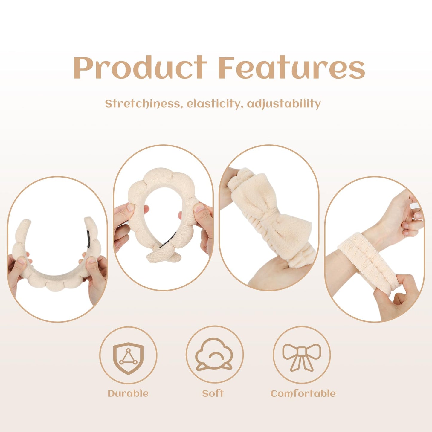 ATROCH SPA Headband for Women - Soft & Comfortable Makeup Head band for Face Wash - 4 Pcs Bubble Skincare Headbands & Wristband Set for Girls, Ideal for Washing Face, Makeup, and Skin Care Routine