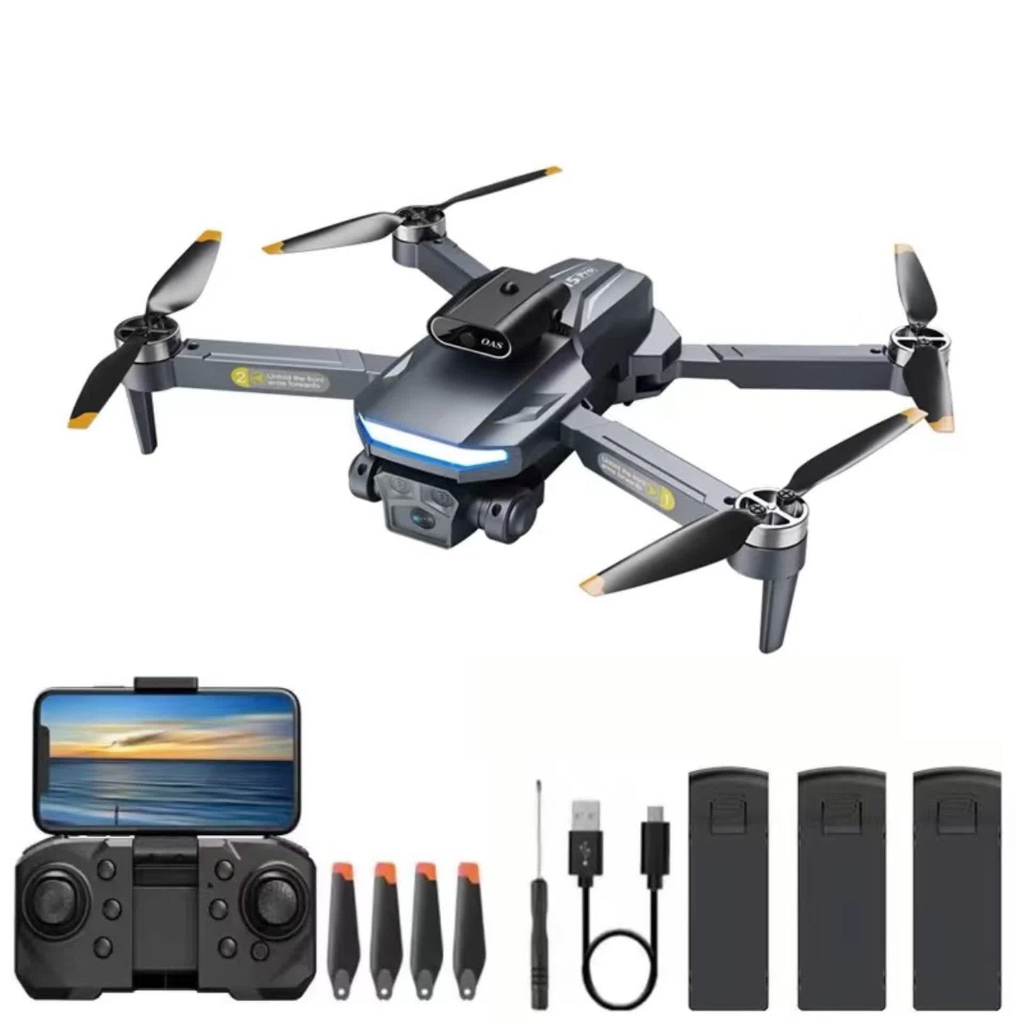 HOTOSYY drone optical flow positioning, electric adjustment, three camera obstacle avoidance, brushless motor, gray camera drone, suitable for beginners and adults (three batteries)