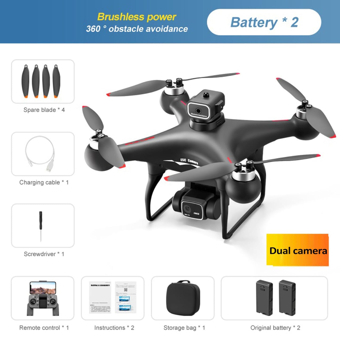 GoolRC S116 Drone with 4K Camera for Adults, RC Quadcopter with Obstacle Avoidance, Optical Flow, Trajectory Flight, Headless Mode, Gravity Sensor, Brushless Motor, Storage Bag and 2 Batteries (Black)