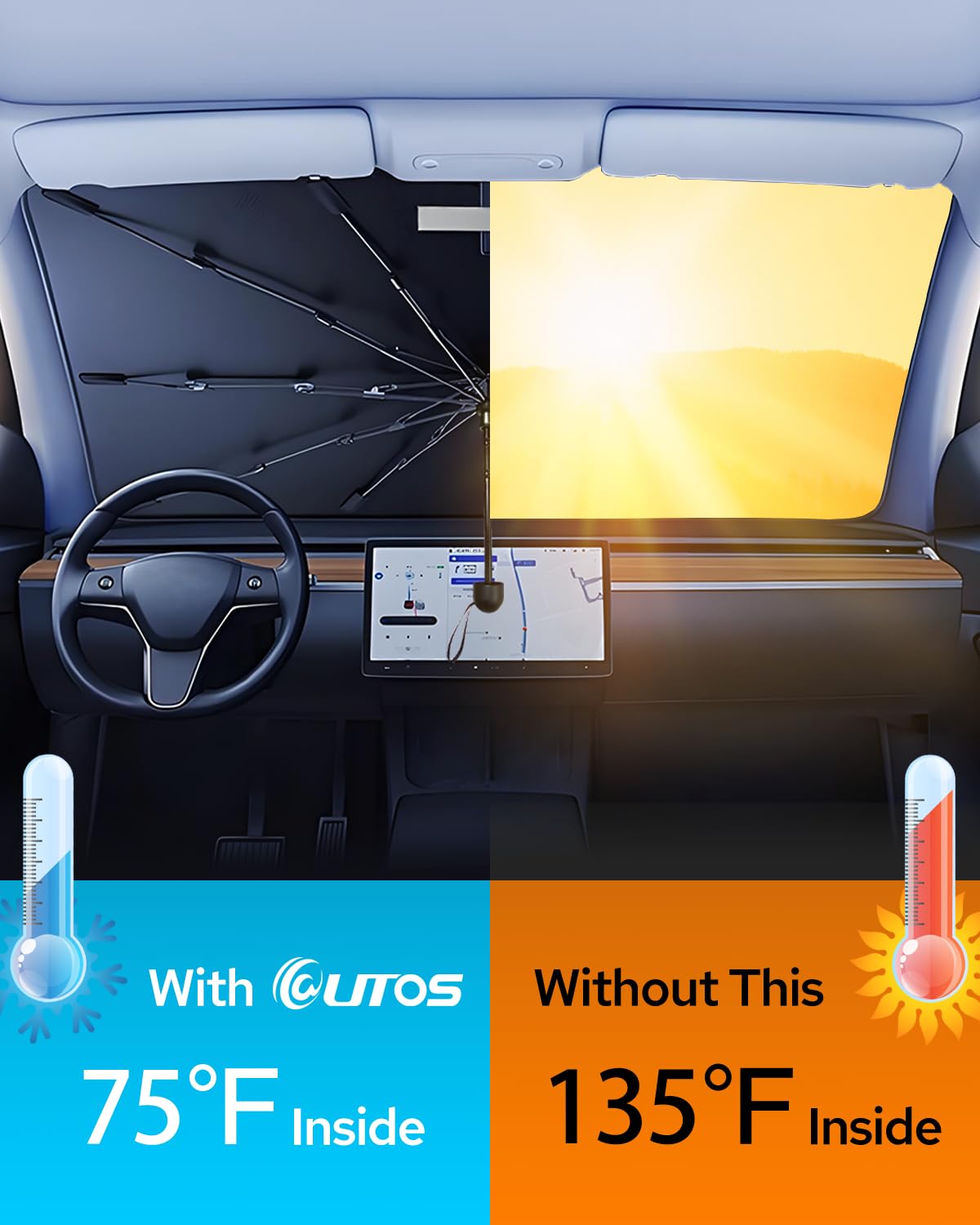[2025 Upgrade] Retractable Windshield Sun Shade for Car, Umbrella Sunshade for Car Windshield Protect Vehicle from Sun Rays & Heat Damage Medium (57" x 33")