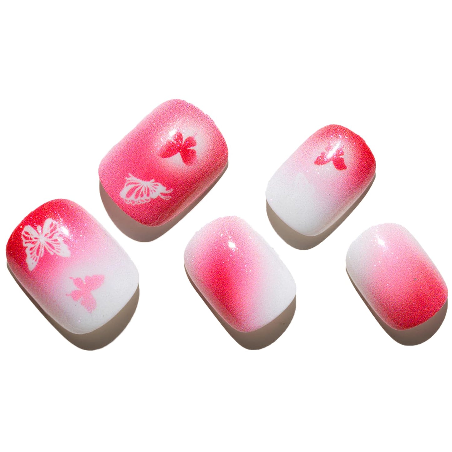 GLAMERMAID Hot Pink Ombre Extra Short Press on Nails, Y2K Butterfly Fake Nails Short Squoval, Natural Round Square Glue on Nails Glossy Gel, Acrylic False Nails Manicure Kits for Women, Reusable Nails