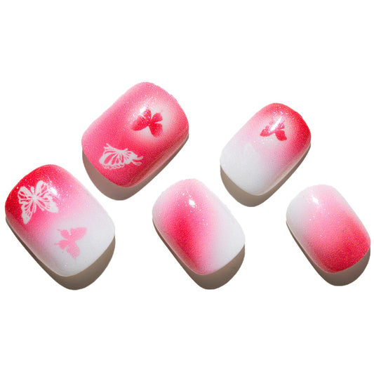 GLAMERMAID Hot Pink Ombre Extra Short Press on Nails, Y2K Butterfly Fake Nails Short Squoval, Natural Round Square Glue on Nails Glossy Gel, Acrylic False Nails Manicure Kits for Women, Reusable Nails