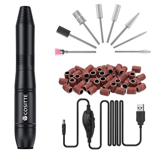 COSITTE Electric Nail Drill, USB Electric Nail Drill Machine for Acrylic Nails, Portable Electrical Nail File Polishing Tool Manicure Pedicure Efile Nail Supplies for Home and Salon Use Black