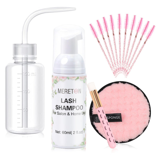 150ml Lash Shampoo for Lash Extensions, Eyelash Extension Cleanser Lash Cleaning Kit for Cluster Lashes with Fan+Makeup Pad+Cleaning Brush+100 Pcs Lash Brush+Wash Bottle, Oil Free Foam