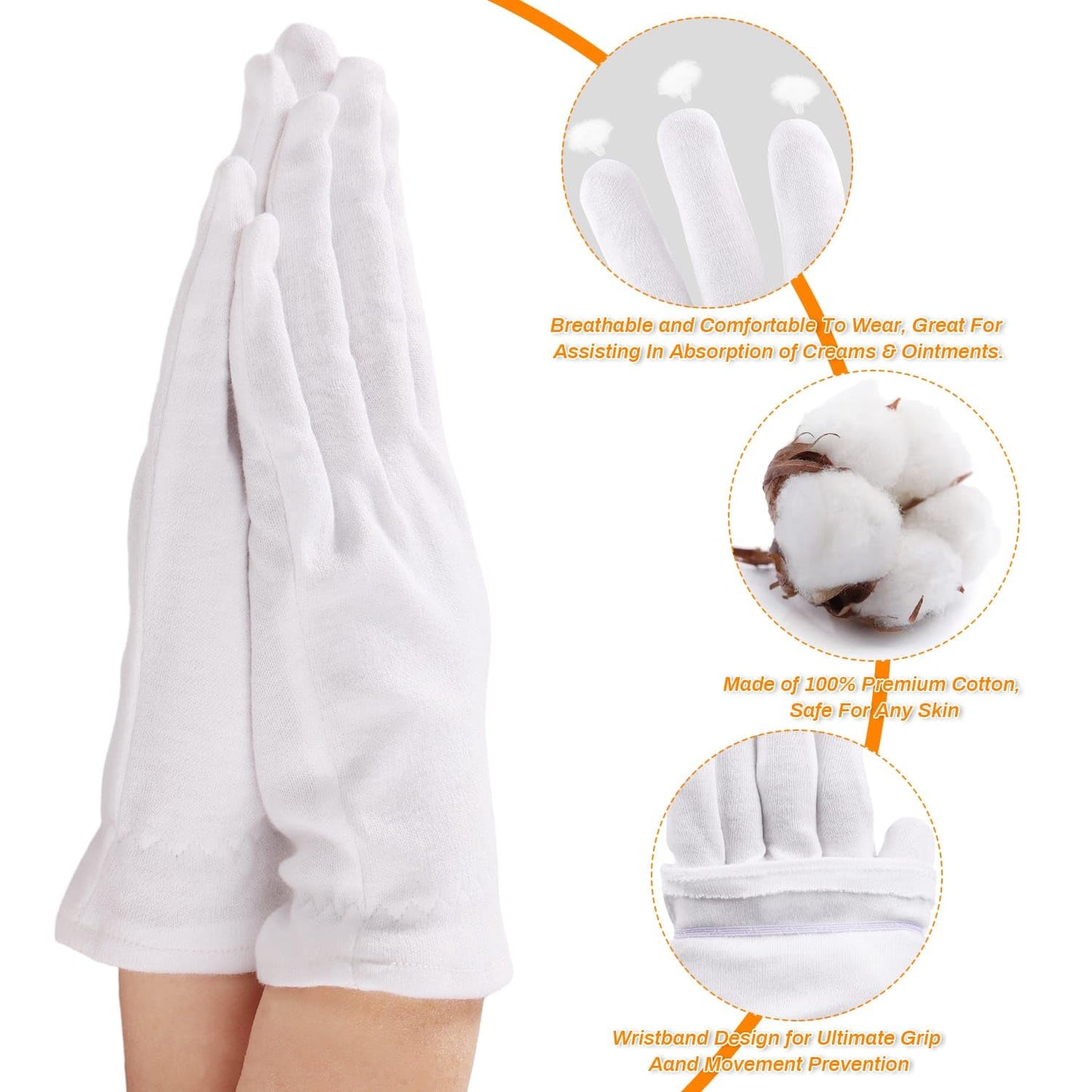 Selizo 6 Pairs 100% White Cotton Gloves for Eczema, Moisturizing Gloves for Dry Hands Overnight Women, Moisture Sleeping Spa Lotion Hand Cream Gloves for Eczema Dry Cracked Hands Sensitive Skin