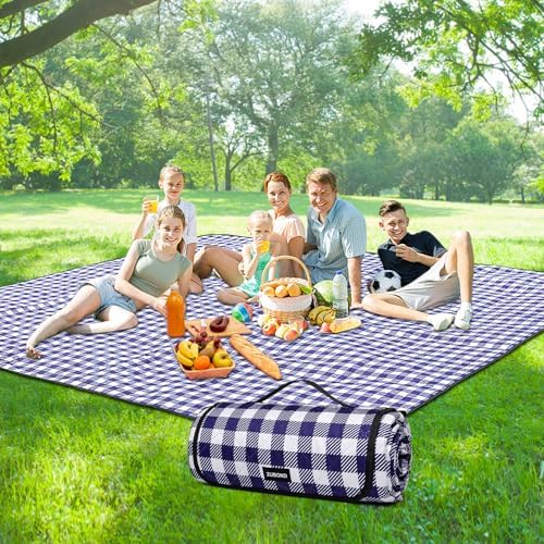 Picnic Blankets Outdoor Blanket Waterproof, 80''x80'' Extra Large Beach Blanket Sandproof Foldable Machine Washable, Vintage Gingham Picnic Mat Grass Lawn Park Family Camping Party Music Festival