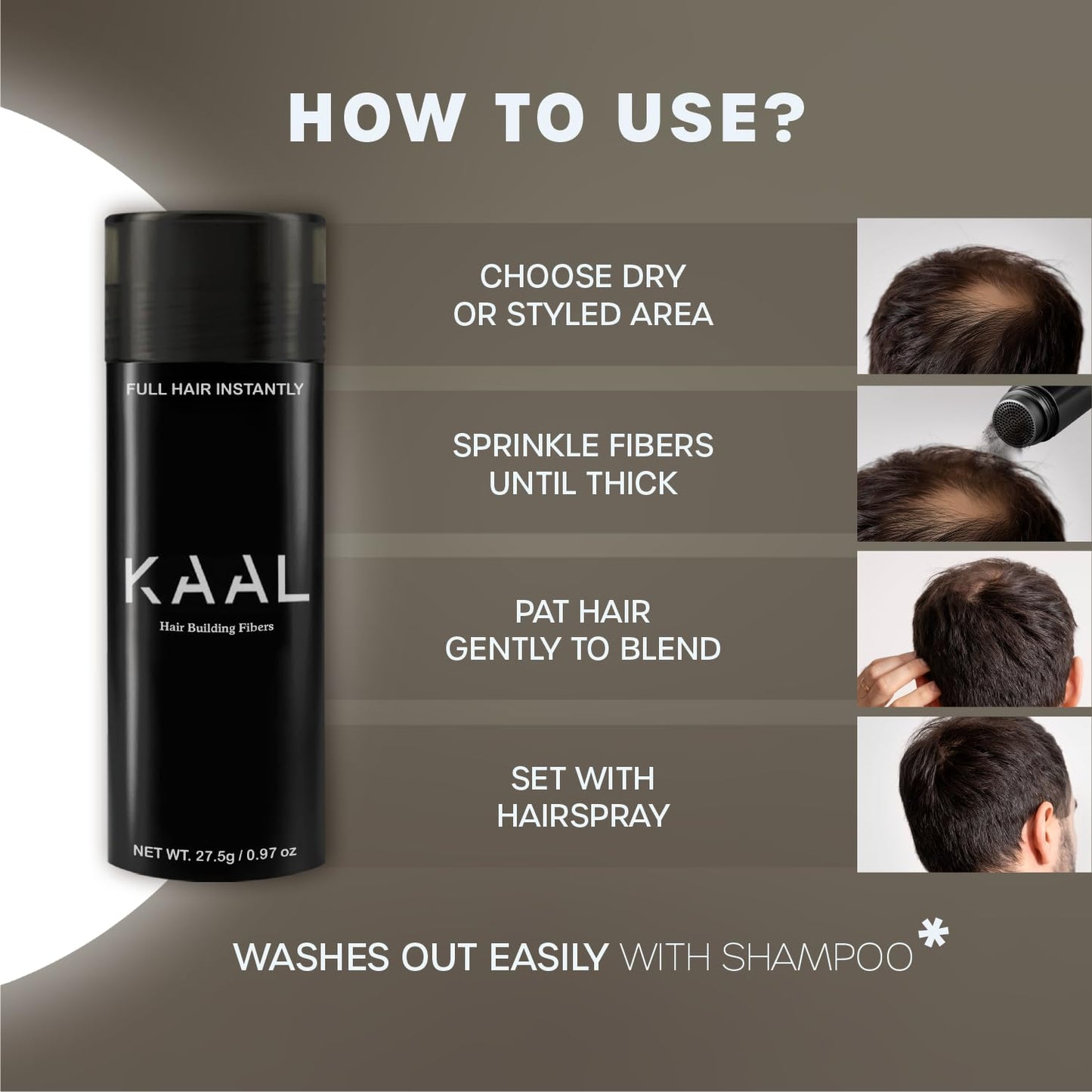 KAAL Hair Fibers | Hair Powder - (27.5g, Dark Brown), Refillable Bottle Hair Filler for Thinning Areas - For Men and Women