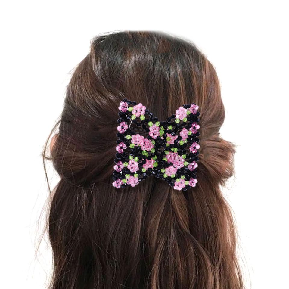 LALAFINA 3pcs Double Clips Hair Combs Adjustable Elastic Hair Clips Stretch Beaded Hair Combs Pink Rose Shaped Hair Accessories for Women Girls