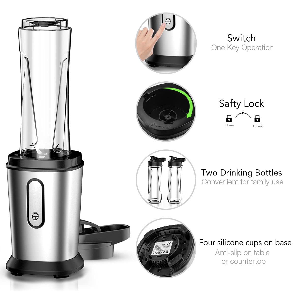 Electric Smoothie Blender, Powerful Small Blender with 2 Portable 20oz Tritan blender Bottles, BPA-Free Personal Blender with 4 Stainless Steel Blades, Mixer Smoothie Maker for Shakes and Smoothies