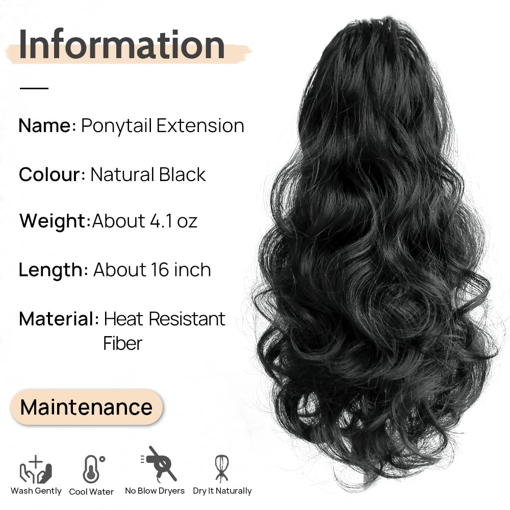 StrRid Natural Black Claw Ponytail Extension Wavy 16" Synthetic Curly Fake Clip in Extensions Wig Hair Pieces Fluffy Not Easily Knotted Clips on Ponytails for Women Wedding Party Daily Use 6 Oz