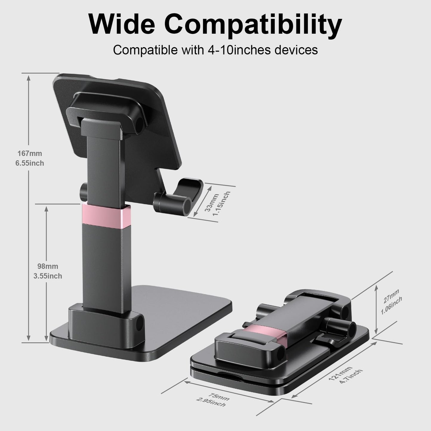 Phone Stand for Desk, Cell Phone Holder Adjustable Cellphone Stand for Desk Height Angle Adjustable Stands, Anti-Slip Base, Compact Design for iPhone Android Devices,Black