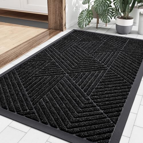 Smiry Front Door Mat Outside Entrance, Heavy Duty Sturdy Natural Rubber Doormat, Trap Dirt and Moisture, Easy Clean Low Profile Welcome Floor Mats for Indoor Outdoor Entry, 36x24 Inch, Black