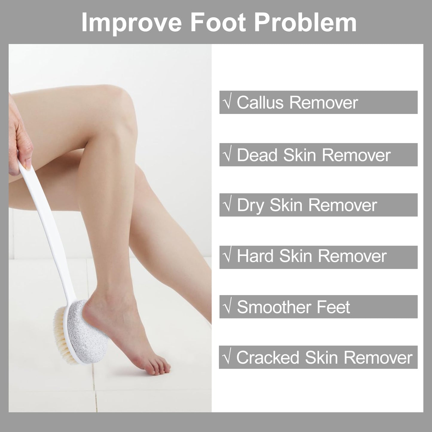 Beomeen Pumice Stone and Shower Brush with Long Handle, 2 Pack Hard Skin Callus Remover, 2 in 1 Foot Scrubber, Back Scrubber for Shower Deep Cleansing and Exfoliating, Dry Brushing Body Brush (Curved)