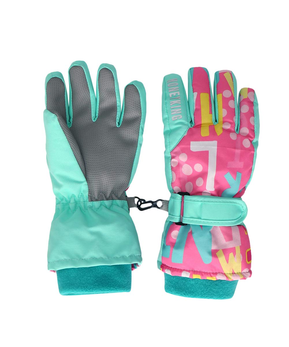 Hiheart Girls Winter Ski Gloves Waterproof Outdoor Thicken Glove Pink Letter 3-6 Years