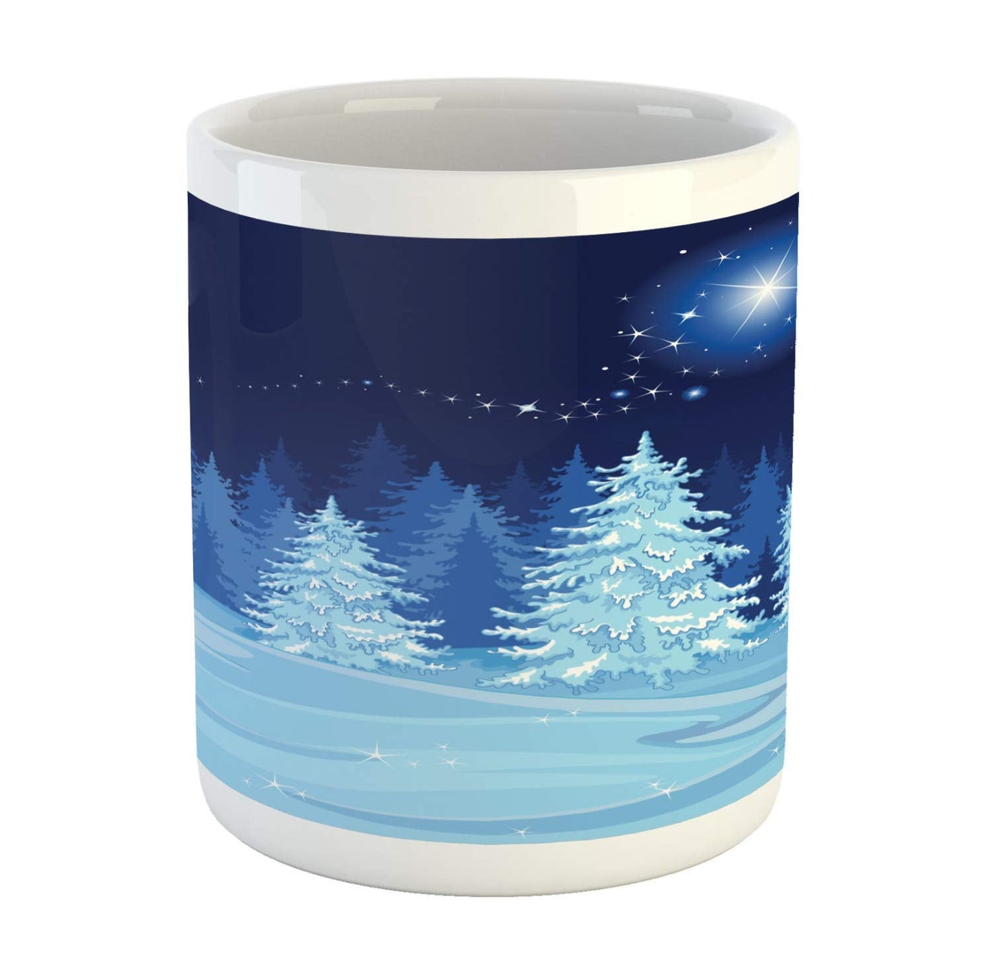 Lunarable Winter Scene Mug, Pine Trees Snowfall in Forest at Night Print, Ceramic Coffee Mug Cup for Water Tea Drinks, 11 oz, Indigo Blue