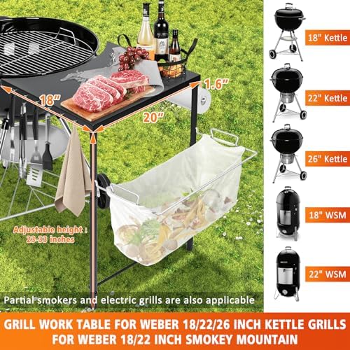 Grill Side Table for Weber Kettle 22/26, Weber Smokey Mountain 22 Grill, Grill Work Table for Weber Master Touch, Premium, Kettle Grill Accessories, Adjustable Height Charcoal Kettle Grill Table