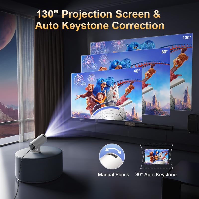 Mini Projector with Latest Android 13 - 2025 Portable Movie Projector with WiFi 6 Bluetooth 5.2: Built-in Apps, 4K/1080P Support, Auto Keystone, 180° Rotatable, 40"-130" Big Screen Video Projector