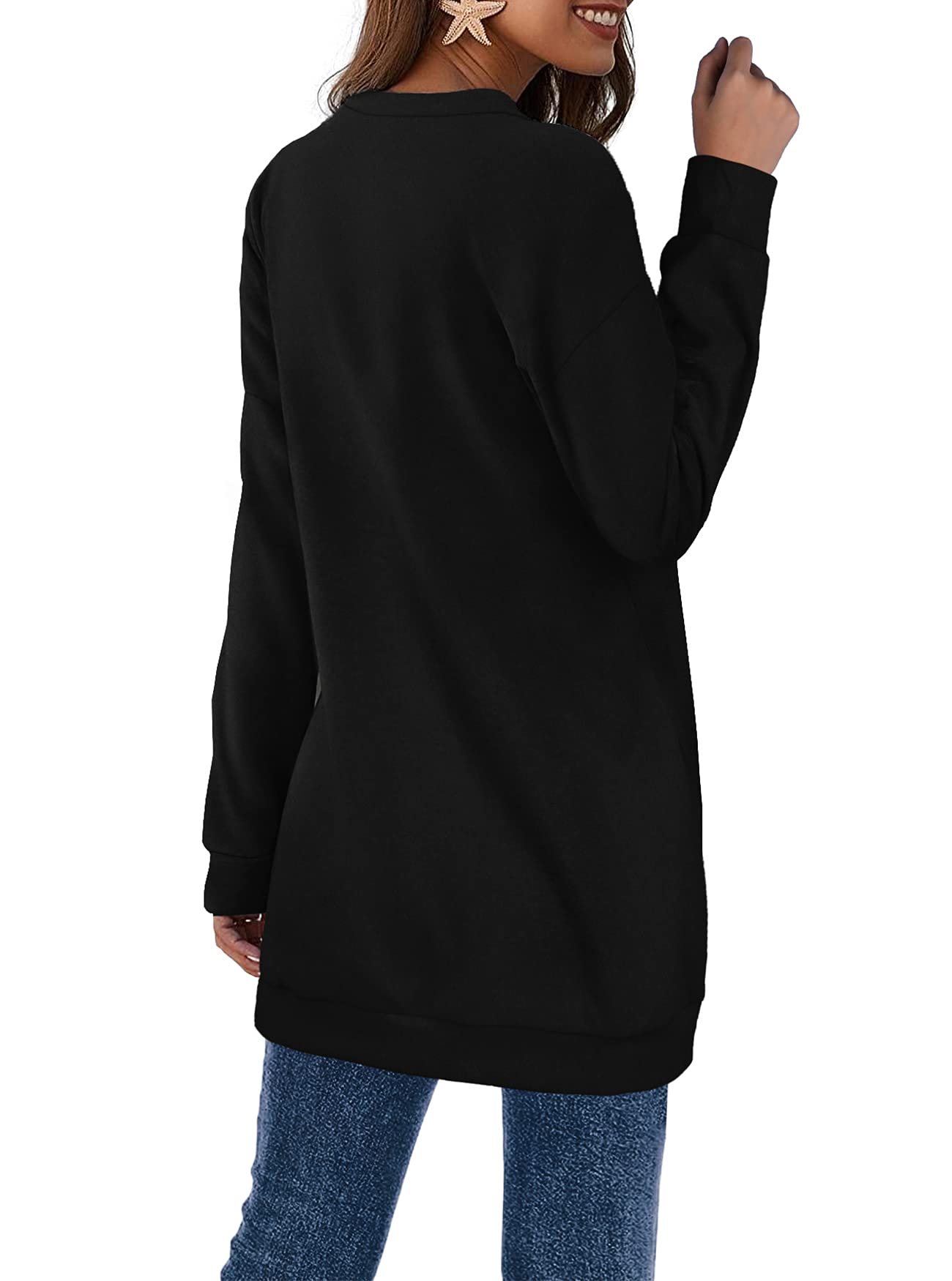 OFEEFAN Black Sweatshirt Plus Size Tops for Women V Neck Winter Long Sweater 3XL