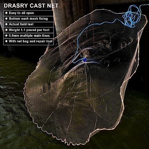 Drasry Saltwater American Fishing Cast Net 3/8inch Mesh Size for Bait Shrimp Trap Fish Heavy Duty Sinkers Throw Net 3FT to 12FT Radius 3FT Radius