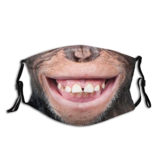 Dropperfers Funny Animal Cute Monkey Mouth Chimpanzee Face Mask Fashion Adjustable & Reusable Ear-Loops Fabric Balaclava Bandana with 2pcs Filters for Men Women Teens, One Size