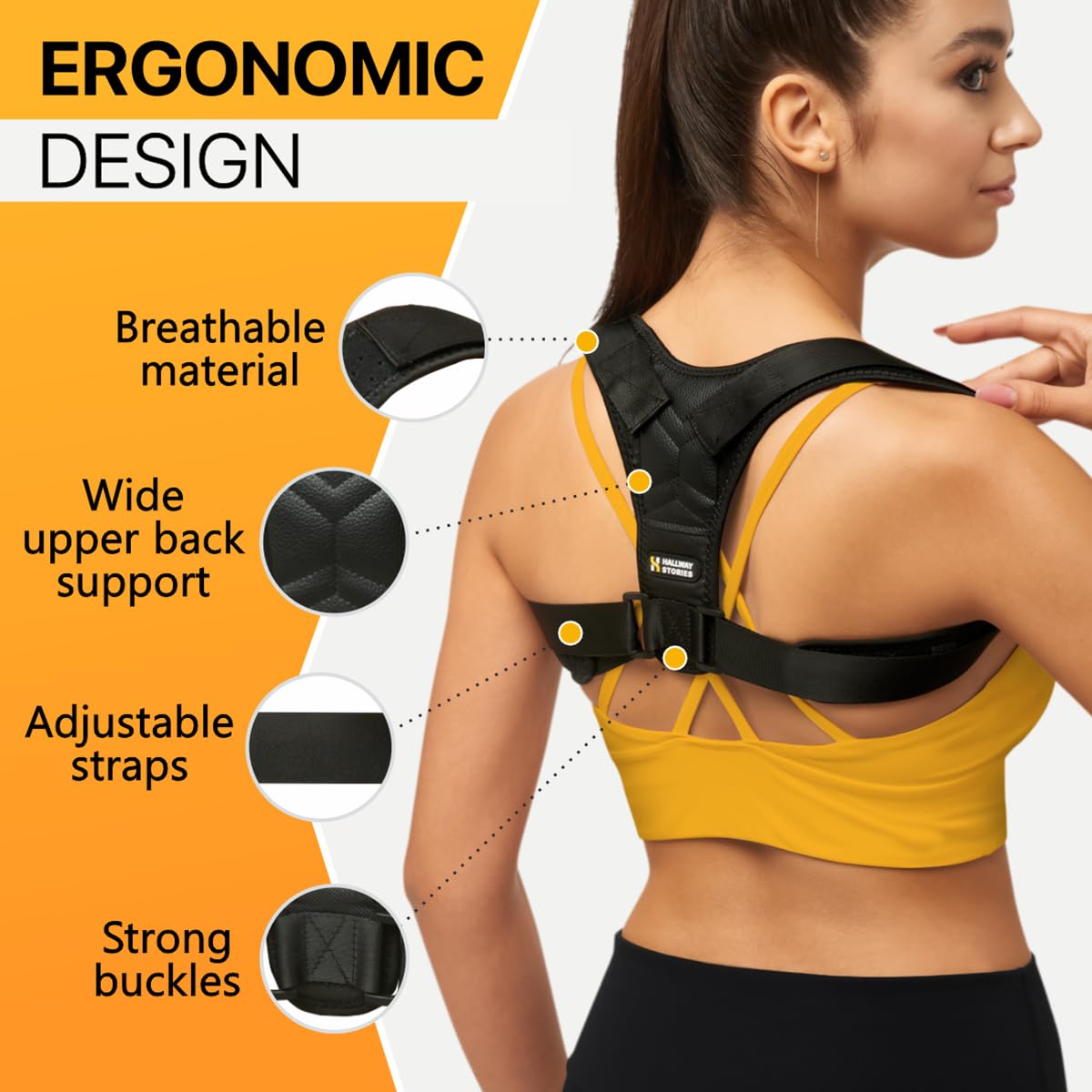 HALLWAY STORIES Adjustable Back Brace Posture Corrector for Women and Men (33-42"), Upper Back and Shoulder Straightener, Relieves Neck and Shoulder Discomfort, Ostomy Belts, Black