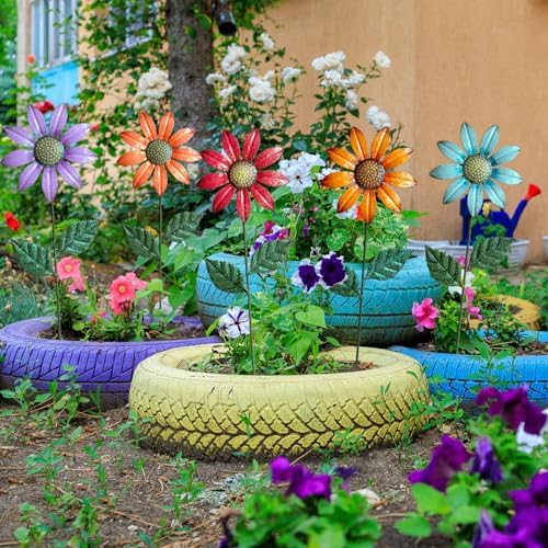 Metal Flowers for Outside,5 Pack 16.15" Decorative Garden Stakes with Swaying Flowers Head Yard Art,Spring Garden Decor for Lawn, Pathway & Yard