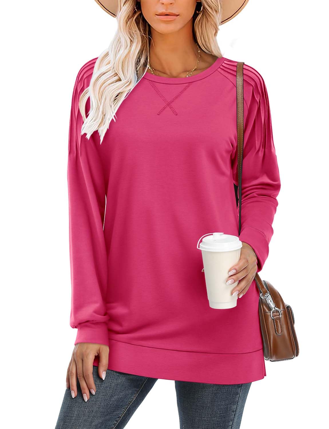 BETTE BOUTIK Plain Tunic Women Ruffle Sweatshirt Plain Basic Crewneck Sweatshirt Long Sleeve Tunic with Slits on Sides Sweatshirt Tunics for Women Rose X-Large