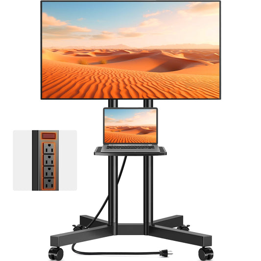 TVON Rolling TV Stand with Power Outlet for 32-75 Inch LCD LED OLED Flat Curved Screen TVs up to 88 lbs, Portable TV Stand on Wheels and Height Adjustment Max VESA 400x400mm