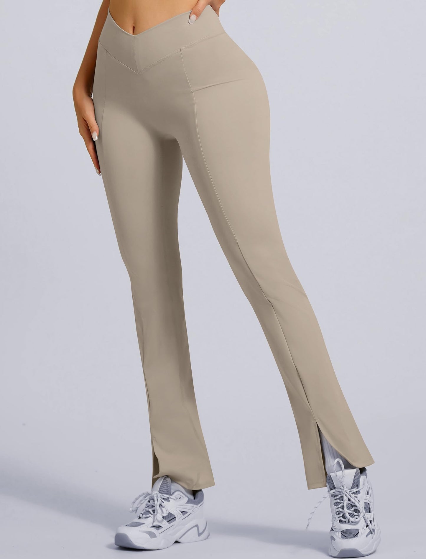 ABOCIW Crossover Flare Leggings for Women V Back Scrunch Butt Lifting Gym Workout Leggings Slipt Hem Wide Leg Bootcut High Waist Yoga Pants Khaki Small