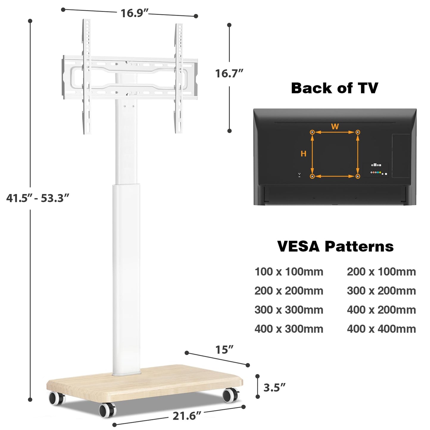 TVON Rolling TV Stand for 32 to 65 70 Inch TVs, Elegant Floor TV Stand with Wheels, Mobile TV Cart with 9 Levels of Height Adjustment for Optimal Viewing, White Floor Stand for Living Room